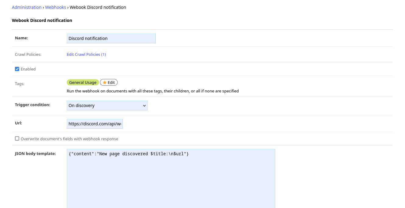 Screenshot of the webhook setup